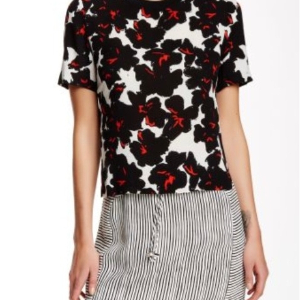 A.L.C. Joan Satin Floral Black And White Red Accents  Top Side Open Detail Celeb